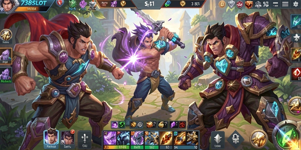Tangkapan layar <strong>738SLOT</strong> menampilkan aksi gameplay seru di arena MOBA.