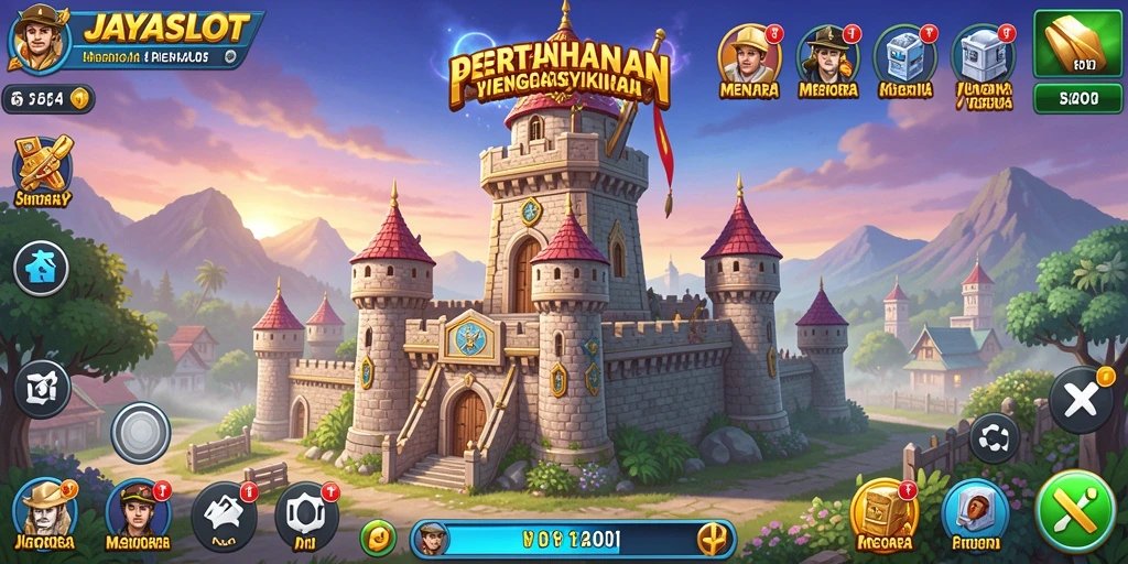 Tampilan gameplay JAYASLOT menampilkan menara pertahanan yang kuat.