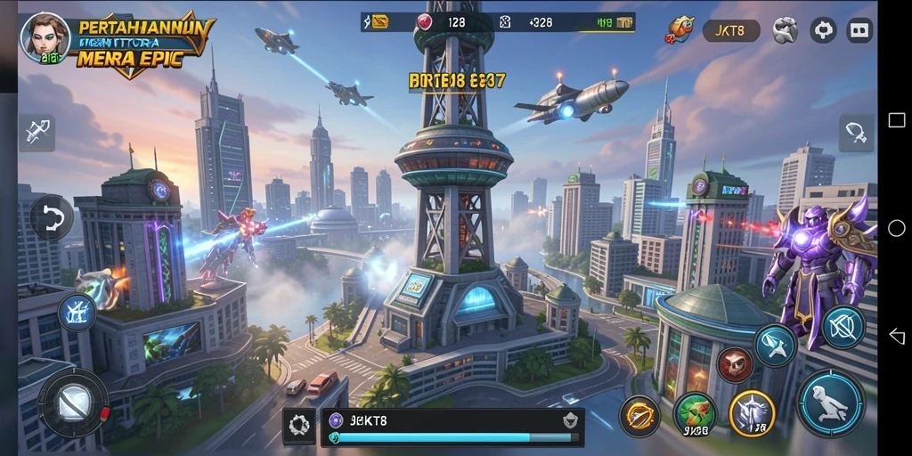 Tampilan gameplay JKT8 dengan menara dan gelombang musuh.