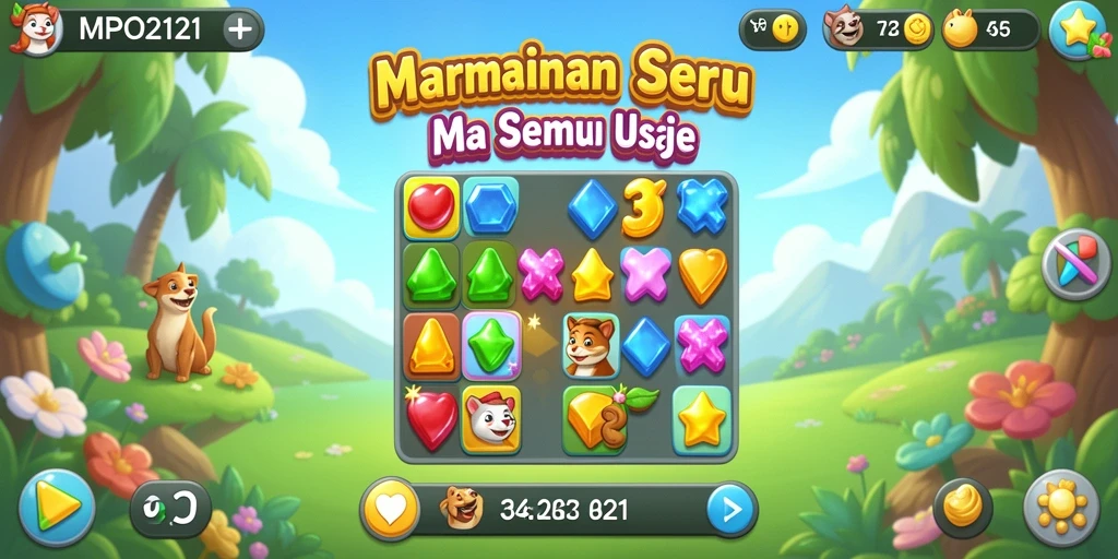 Screenshot MPO2121 menampilkan gameplay Match-3 yang seru dan penuh warna.