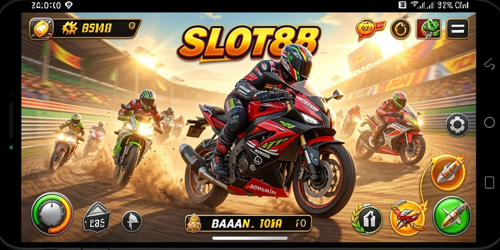 Tangkapan layar SLOT88 dengan aksi balapan motor yang mendebarkan.