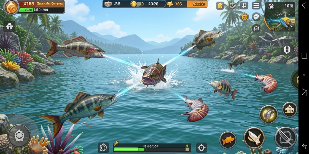 Gameplay seru X168 dengan berbagai jenis ikan untuk ditembak.